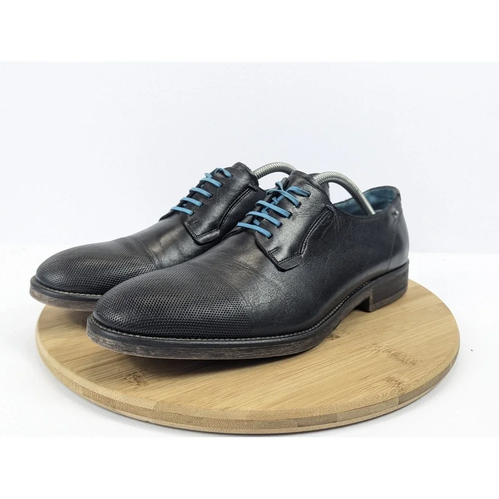 Diesel Mens 9 Black Leather Derby Shoes Textured Cap Toe Blue Laces